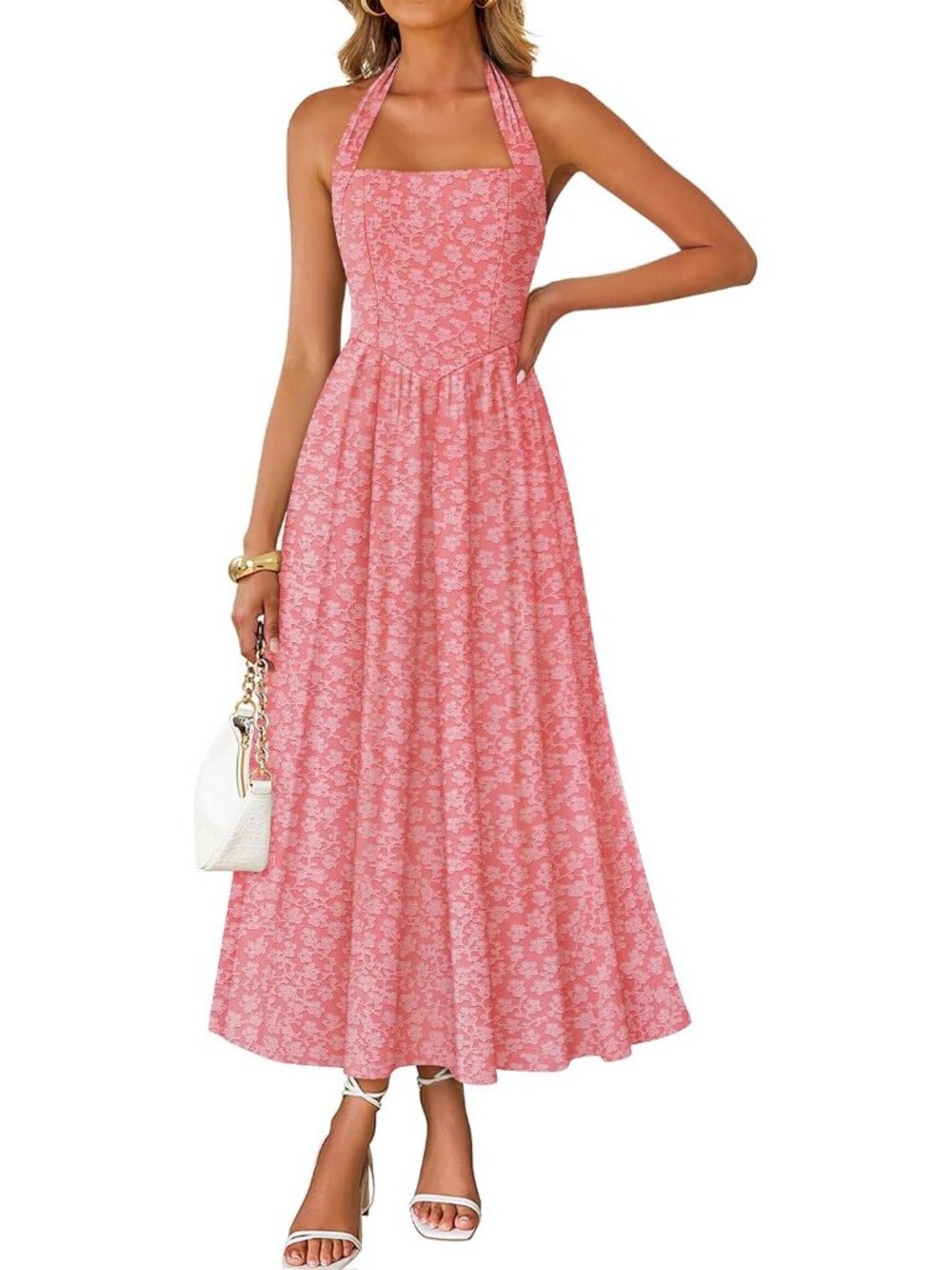 Women's Pink Floral Halter Maxi Sleeveless Flowy A-Line Formal Dress